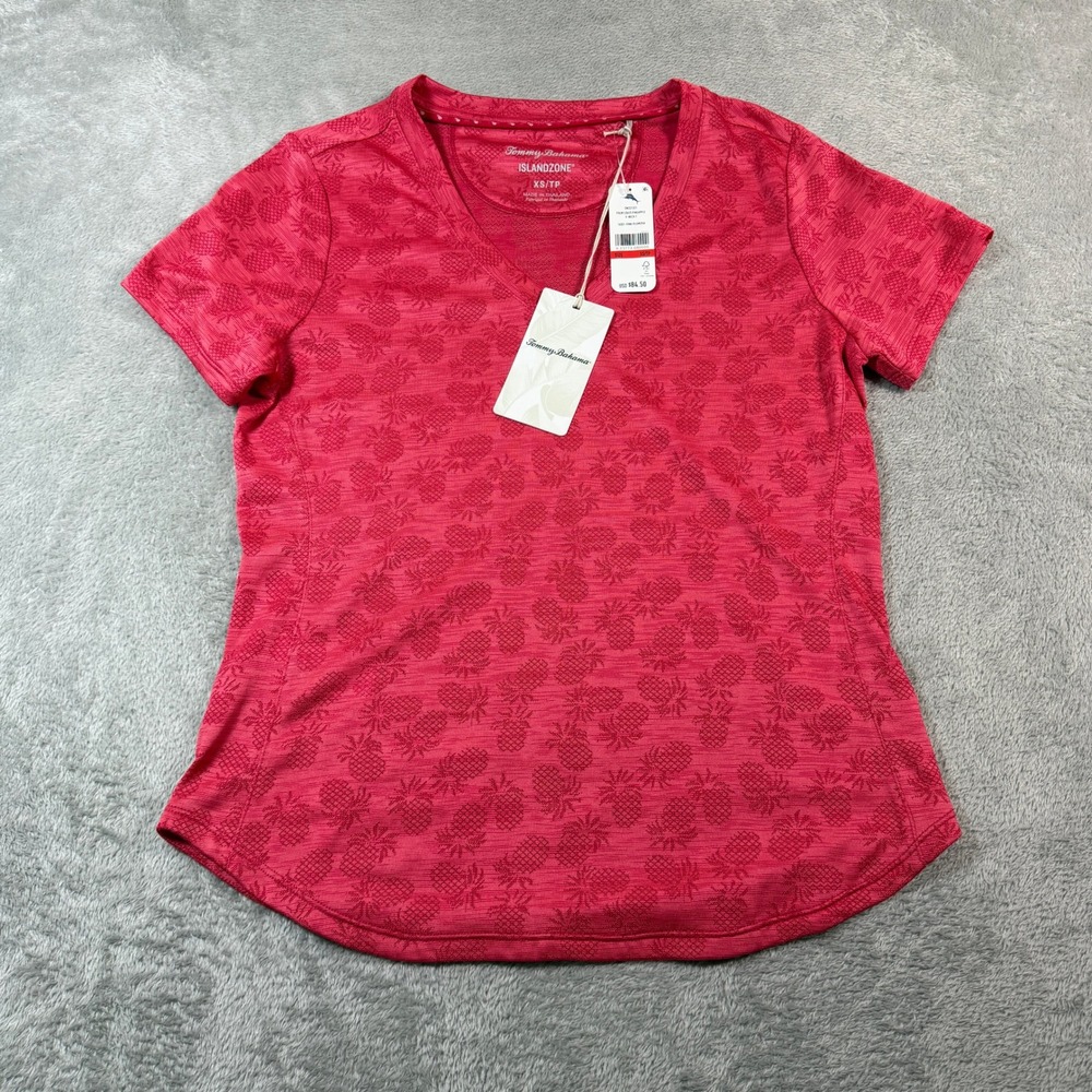 Tommy Bahama IslandZone Palm Coast Pineapple Tee Womens XS Pink V-Neck Plumeria